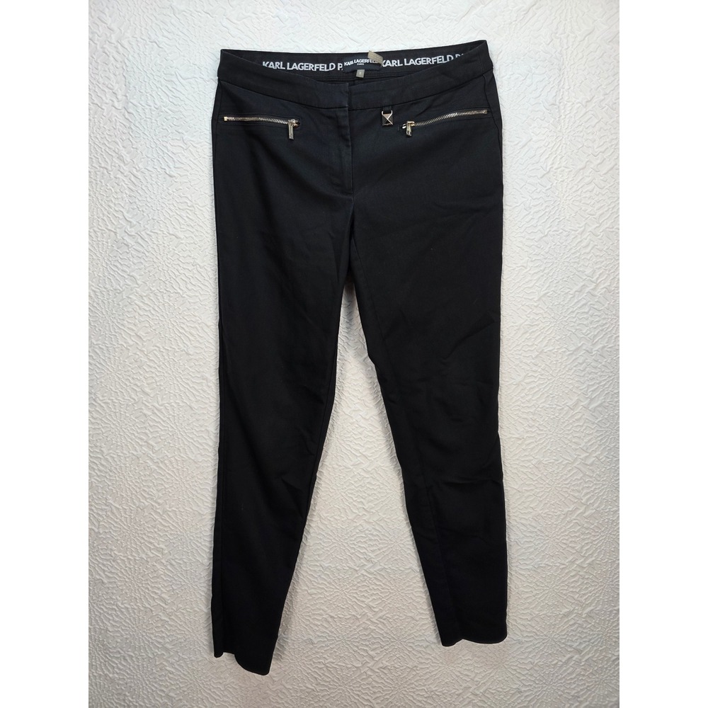 Karl Lagerfeld Paris Zip Pocket Ankle Ponte Pants Womens 2 Black Excellent Gold